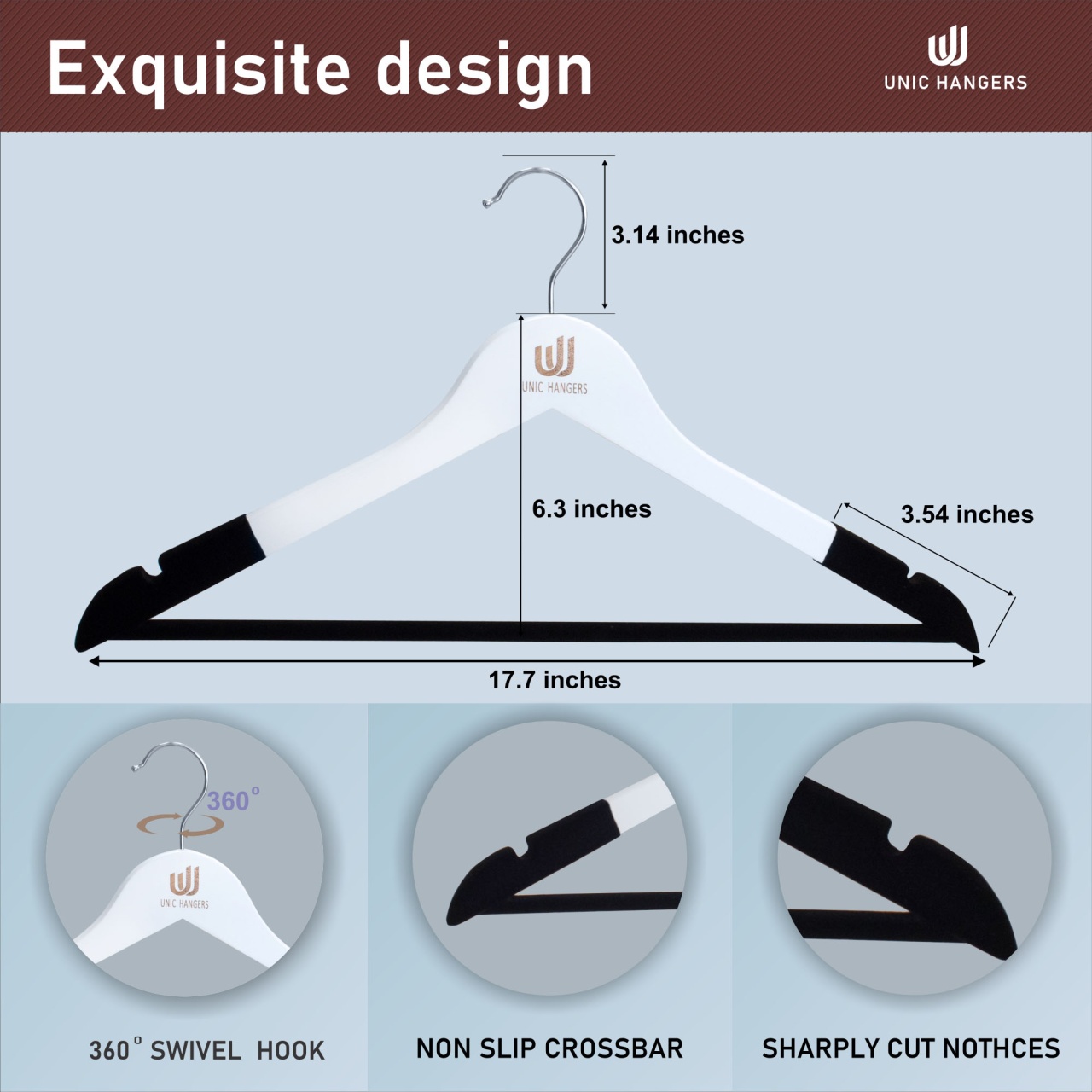 Umeraș din lemn cu margini de catifea, Alb-Negru, 1 bucata - imagine 9