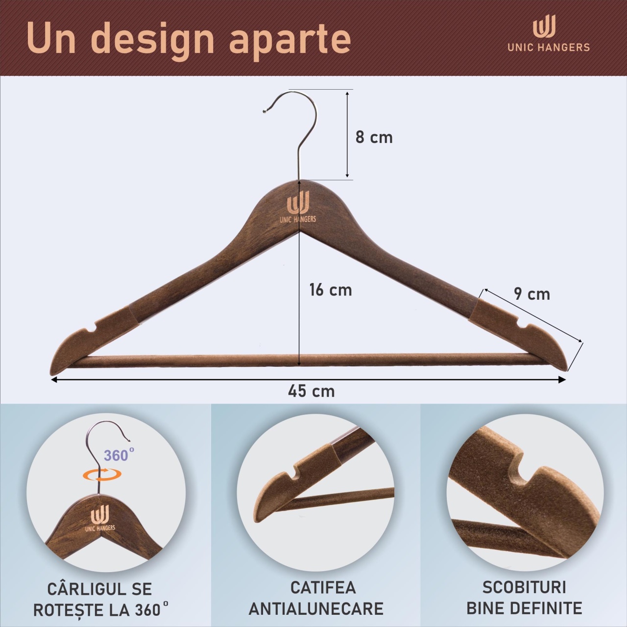 Umeraș din lemn cu margini de catifea, Vintage, 1 bucata - imagine 2