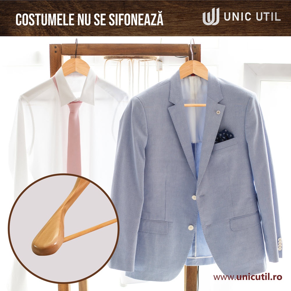 Umeraș din Lemn cu umeri lați și design modern, pentru Costum/Tricouri, Natur, 1 bucata - imagine 3