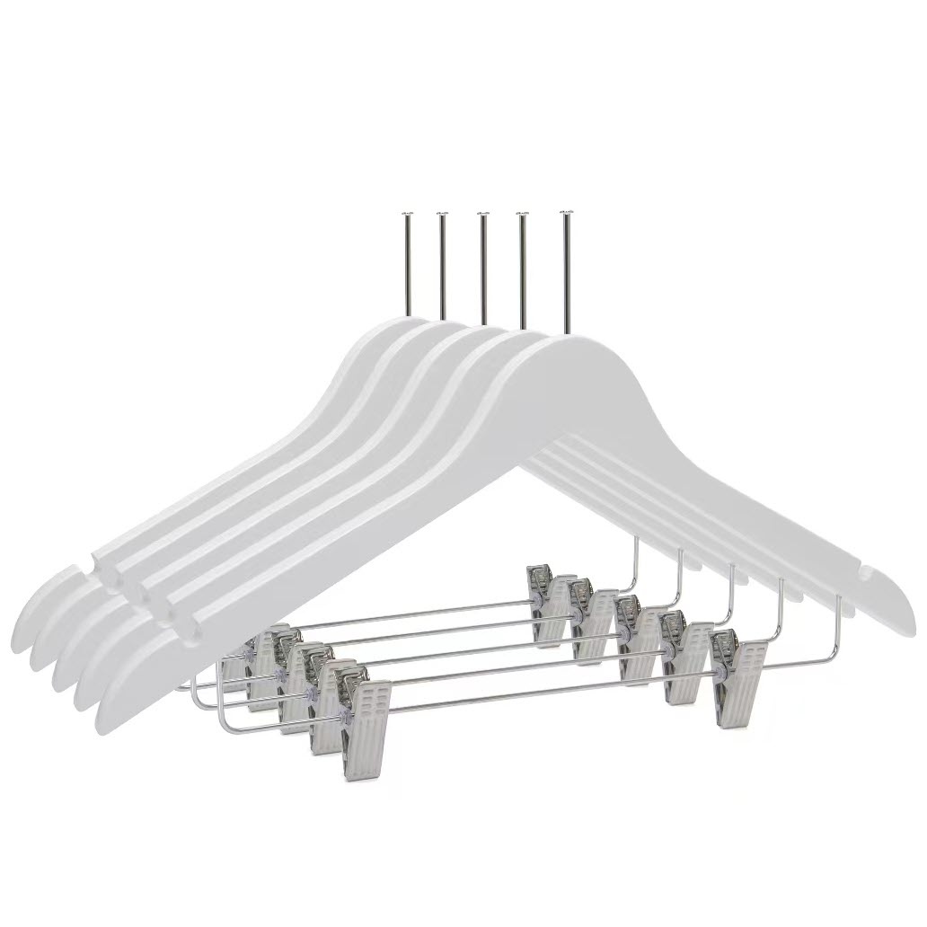 Umeraș Hotel din lemn cu cârlig antifurt și clipsuri metalice, Alb, 1 bucata - imagine 6