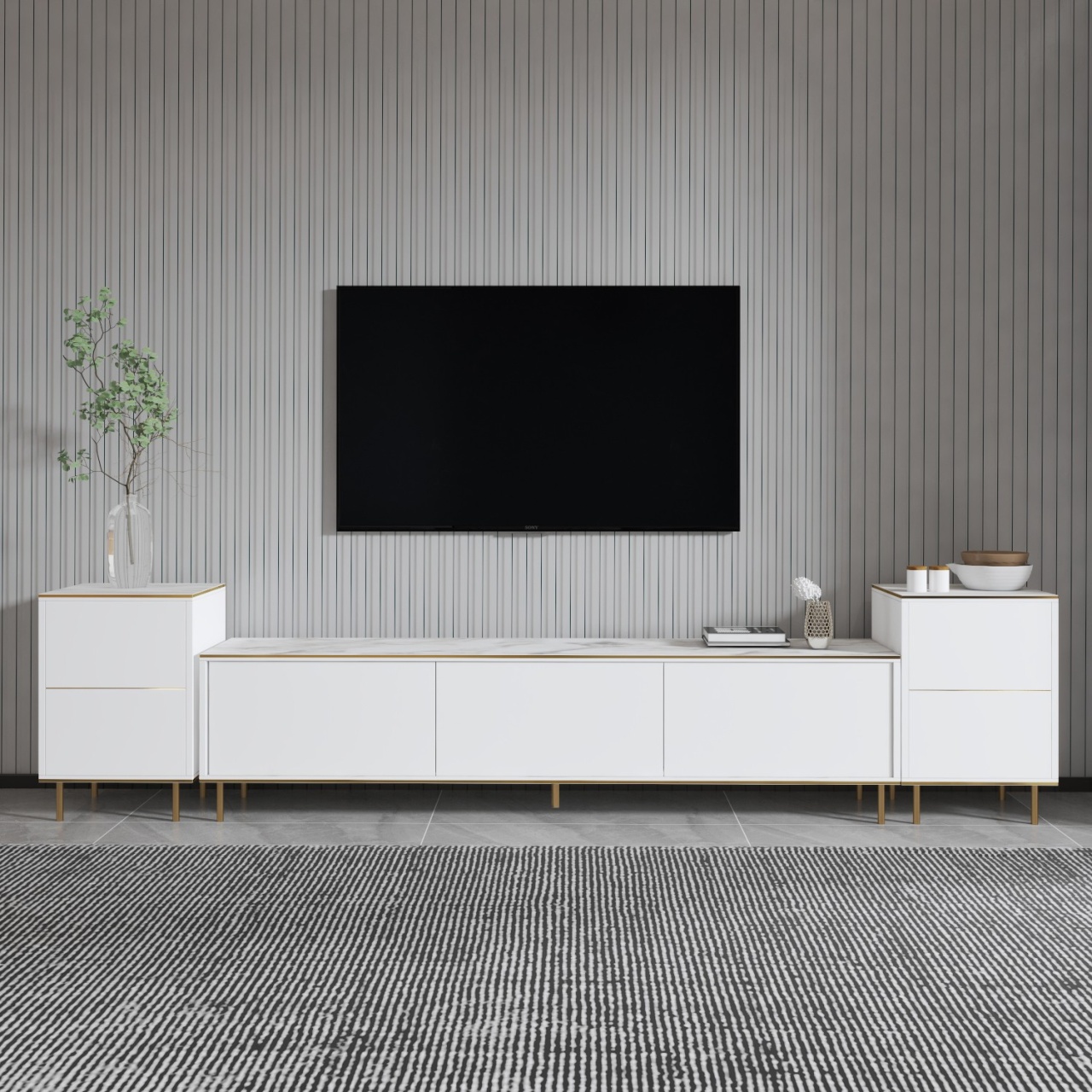 Unitate TV, Imaj Marble, UnicUtil, Marmură albă-Auriu, Lățime: 180 cm, Înălțime: 45,2 cm, Adâncime: 35 cm - view 3