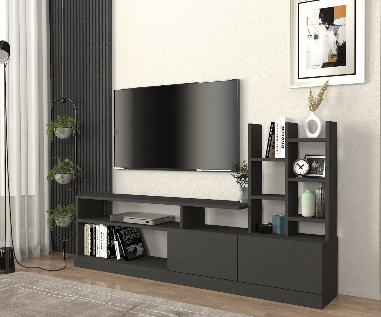 Biblioteca Living UnicUtil,164 x 25 x 91 cm, Gri Antracit, front PAL - 1 | YEO