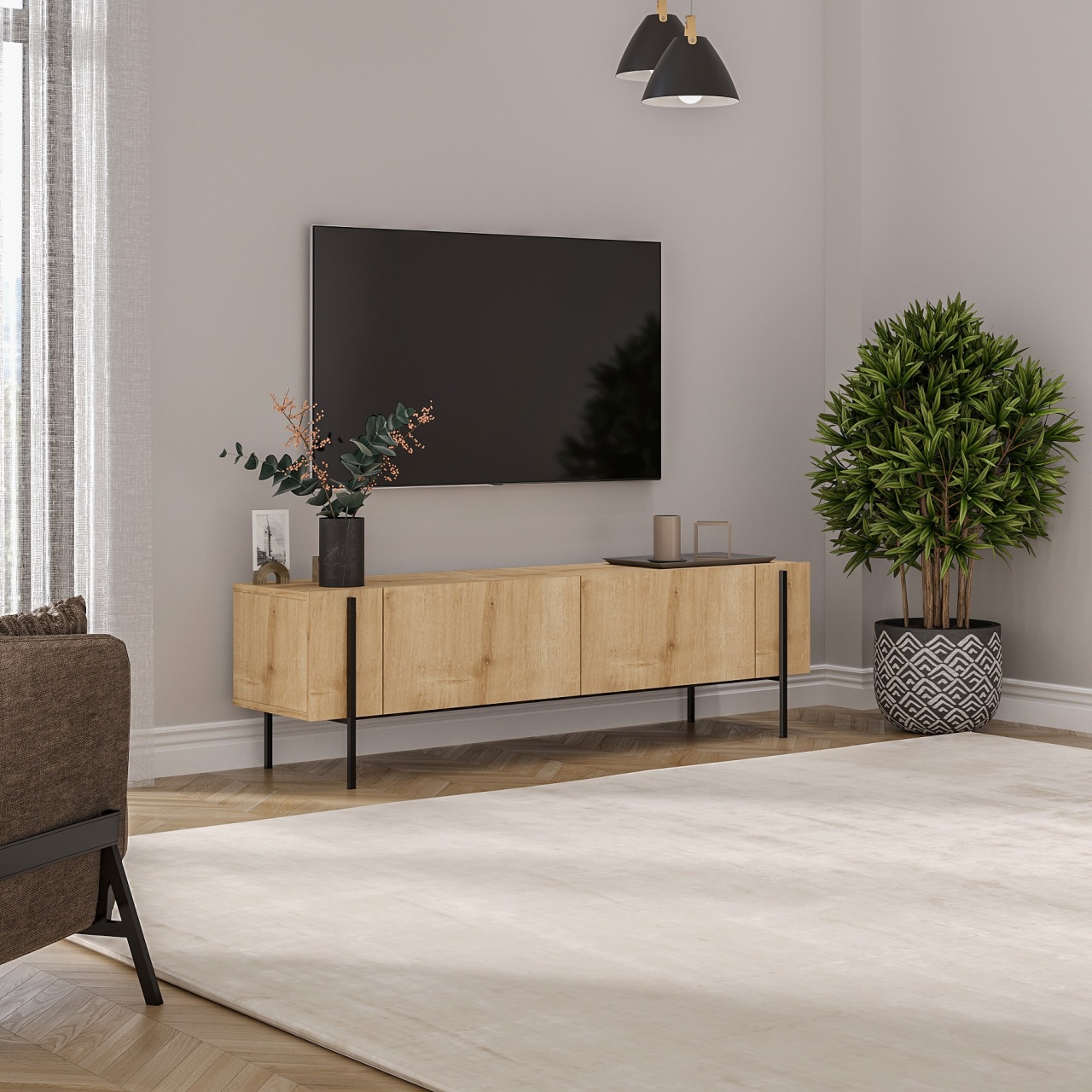 Comoda TV, Herman Sapphire, UnicUtil, Stejar Safir, Lățime: 160 cm, Înălțime: 45,6 cm, Adâncime: 31,4 cm - view 2