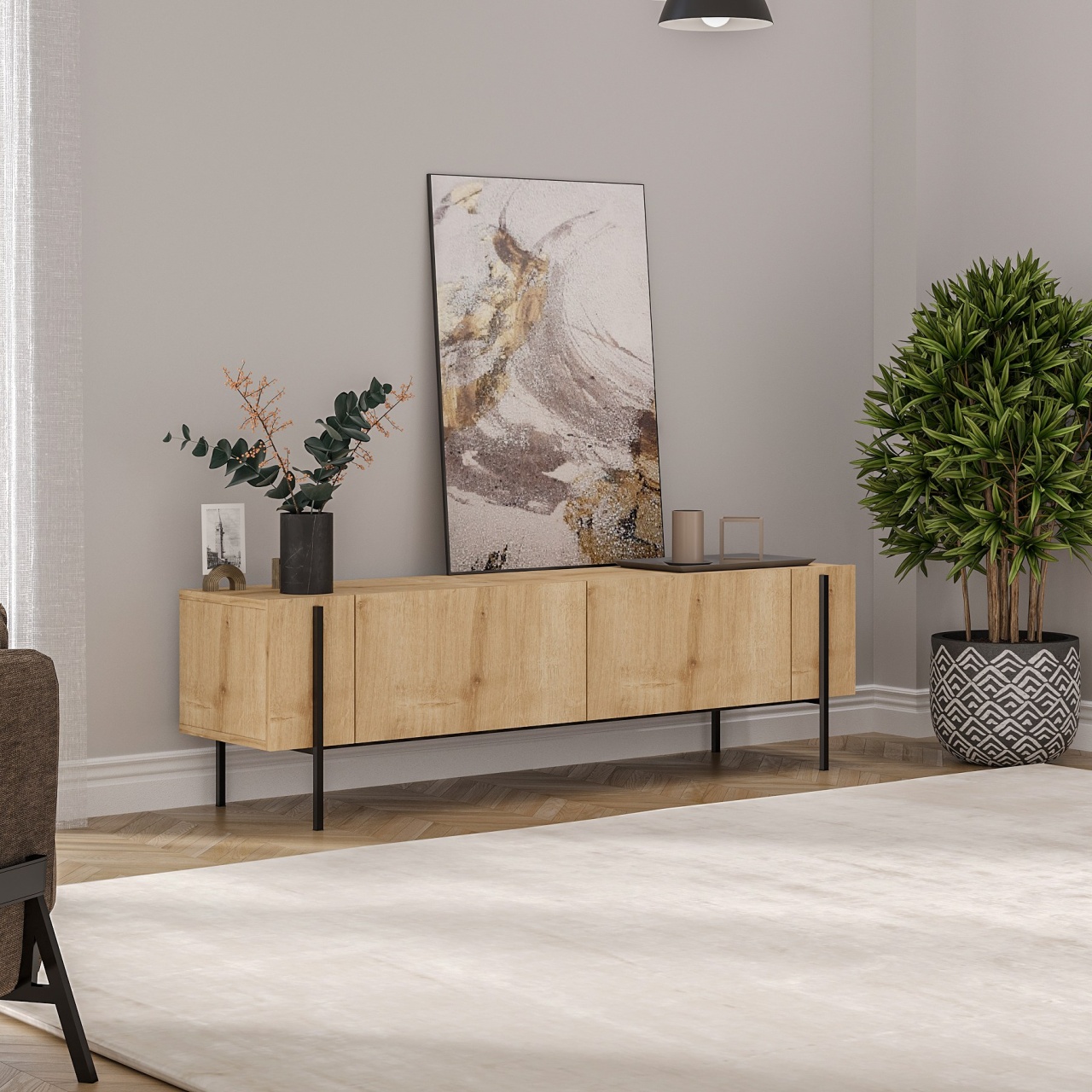 Comoda TV, Herman Sapphire, UnicUtil, Stejar Safir, Lățime: 160 cm, Înălțime: 45,6 cm, Adâncime: 31,4 cm - view 5
