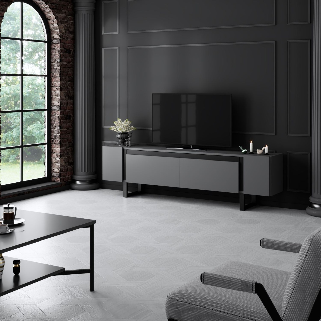 Comoda TV, Yildiz Anthracite, UnicUtil, Antracit-Negru, Lățime: 180 cm, Înălțime: 50 cm, Adâncime: 30 cm - imagine 5