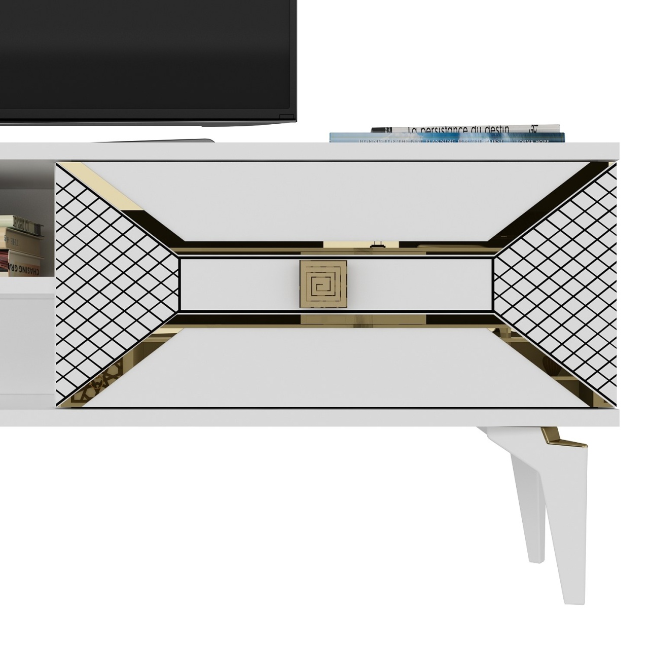 Comoda TV, Yumedi White, UnicUtil, Alb-Auriu, Lățime: 150 cm, Înălțime: 50 cm, Adâncime: 30 cm, 475OLV1160 - view 3