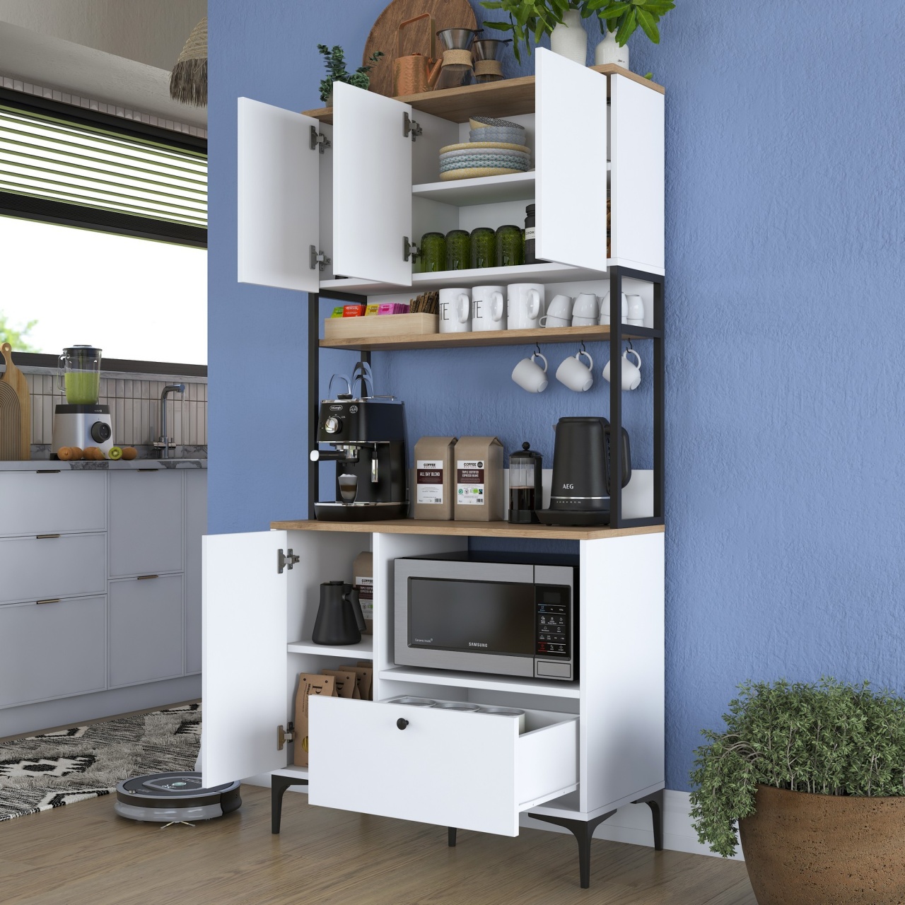 Dulap multifuncțional, Je159 3253, UnicUtil, Alb-Nuc, Lățime: 90 cm, Înălțime: 184,2 cm, Adâncime: 38 cm - view 4