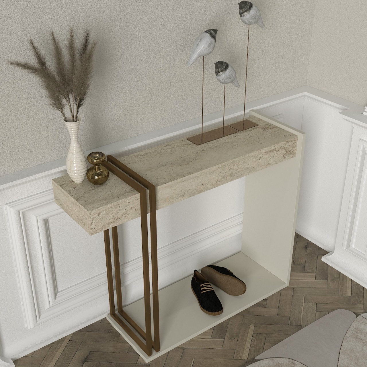 Masă decorativă Desca din pal melaminat finisaj travertin-sandstone – eleganță modernă pentru interior rafinat, 91.8 x 29.6 x 74.2 cm, UUORG58 - 1 | YEO