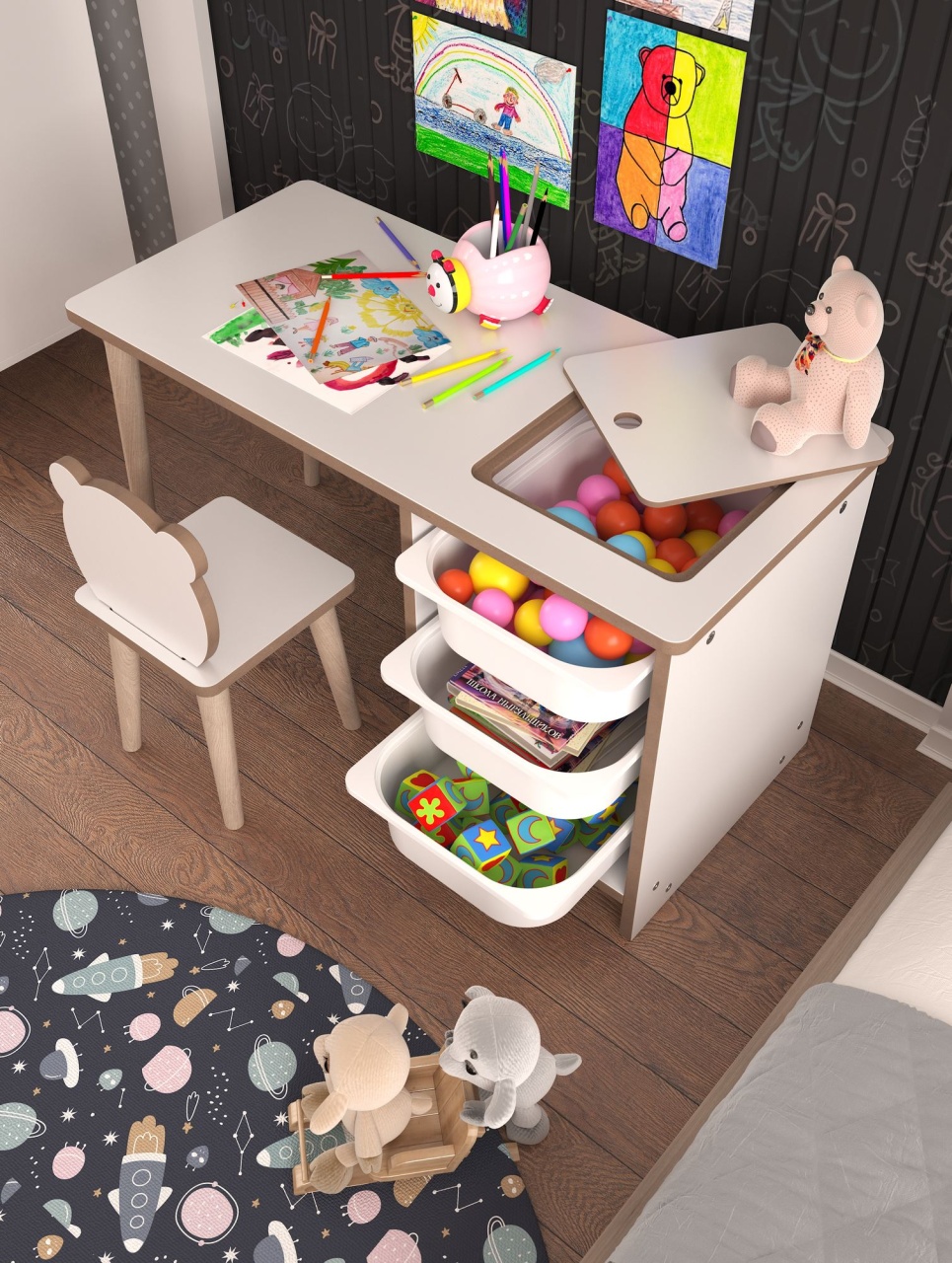 Set de masă pentru copii, Soho White, UnicUtil, Alb, Lățime: 90 cm, Înălțime: 50 cm, Adâncime: 42 cm - view 5