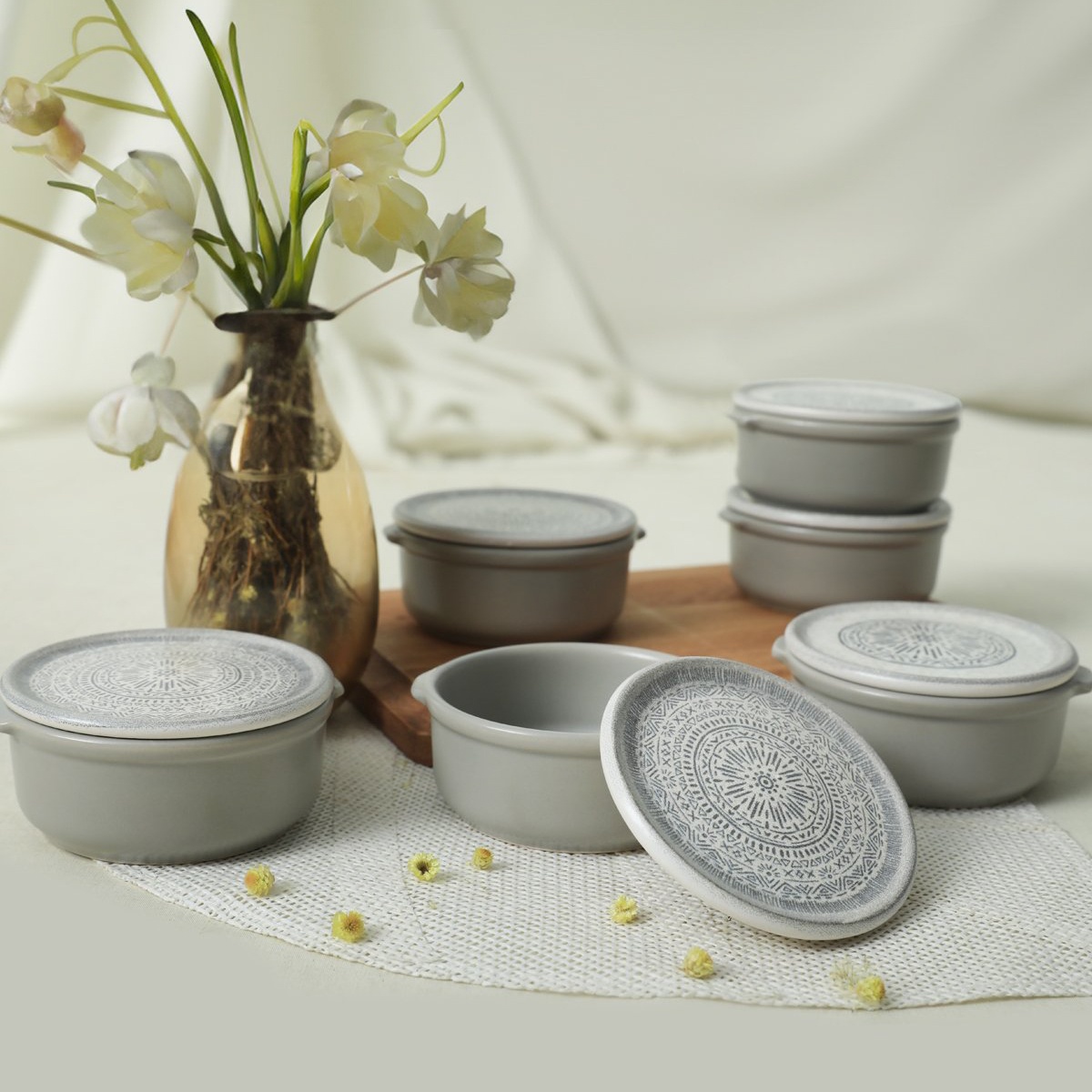 Set recipiente alimentare, 12 piese ceramica (6 boluri, 6 capace), UnicUtil, Spacious Premium, Gri - 1 | YEO