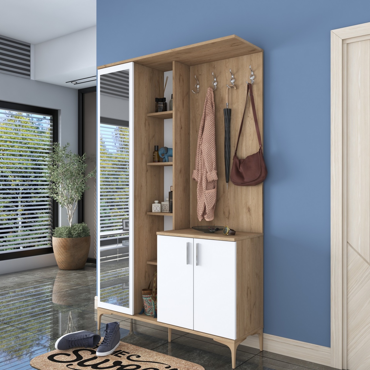 Stand de hol, Ea109 2695, UnicUtil, Nuc-Alb,Lățime: 120 cm, Înălțime: 198,6 cm, Adâncime: 37,5 cm - view 2