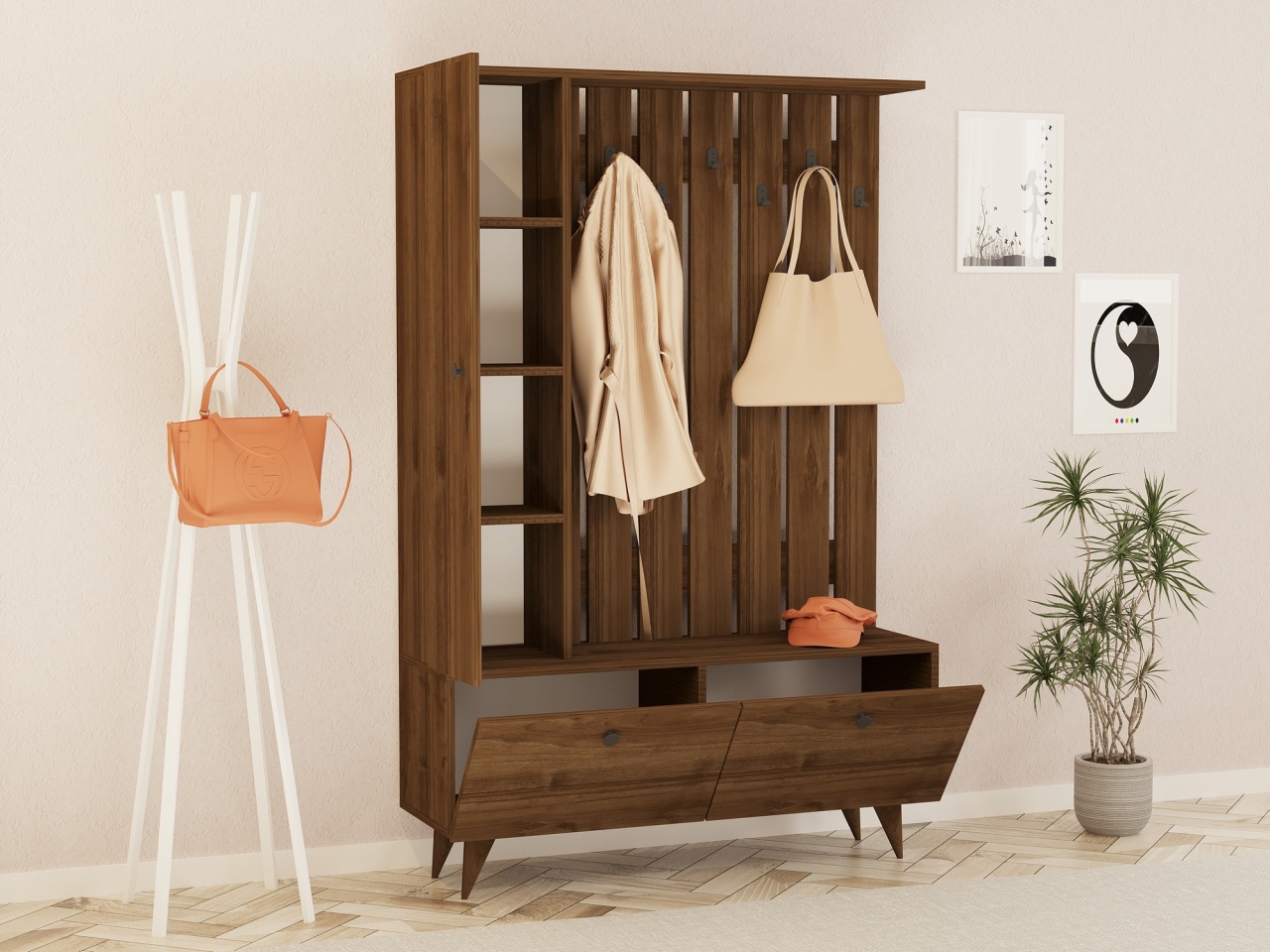 Stand de hol, Lala Walnut, UnicUtil, Nuc, Lățime: 112 cm, Înălțime: 170 cm, Adâncime: 35 cm - imagine 3