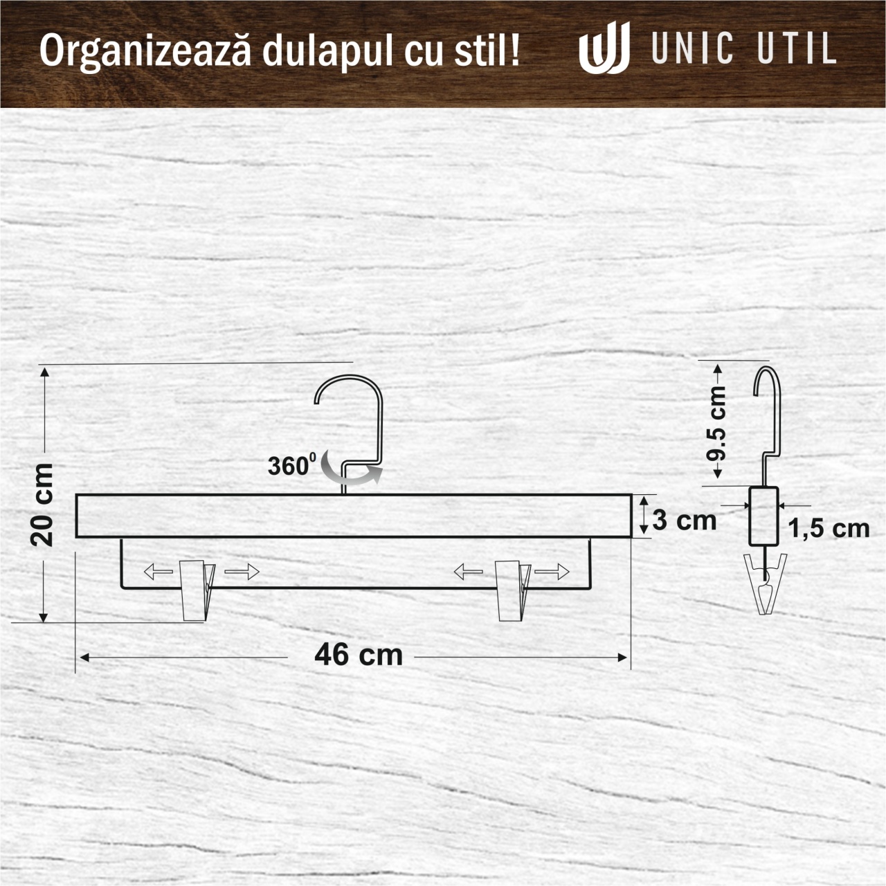 Umeraș de lux din lemn cu clipsuri metalice, Maro, 1 bucata - imagine 5