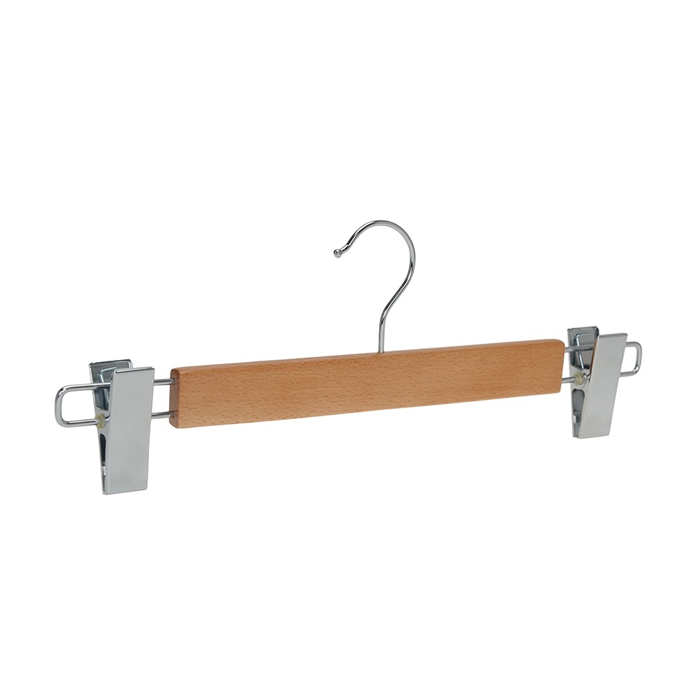 Umeraș de lux din lemn de fag cu clipsuri metalice, pentru pantaloni, Natur, 1 bucata