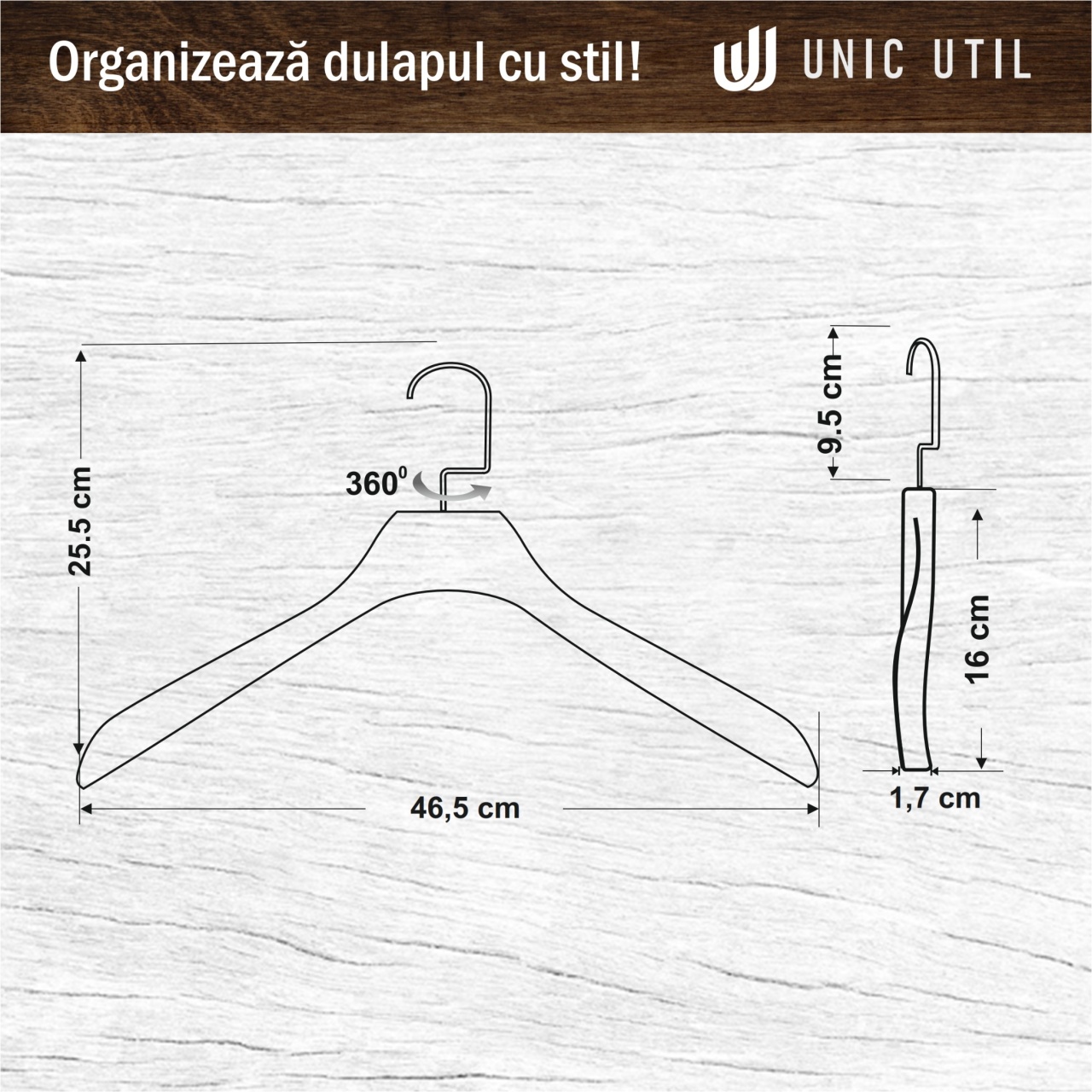 Umeraș de lux din lemn maro vintage cu cârlig rotativ, umeri lați și design modern, 1 bucata - imagine 7