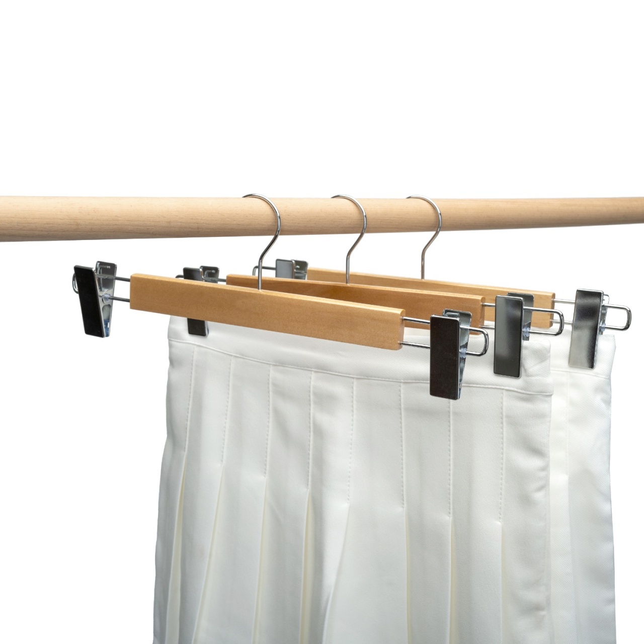 Umeraș din Lemn cu clipsuri metalice, pentru pantaloni/fuste, Natur, 1 bucata - imagine 5
