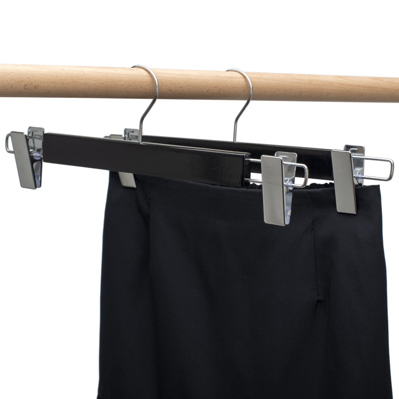 Umeraș din lemn cu clipsuri metalice, pentru pantaloni, Negru, 1 bucata - imagine 2