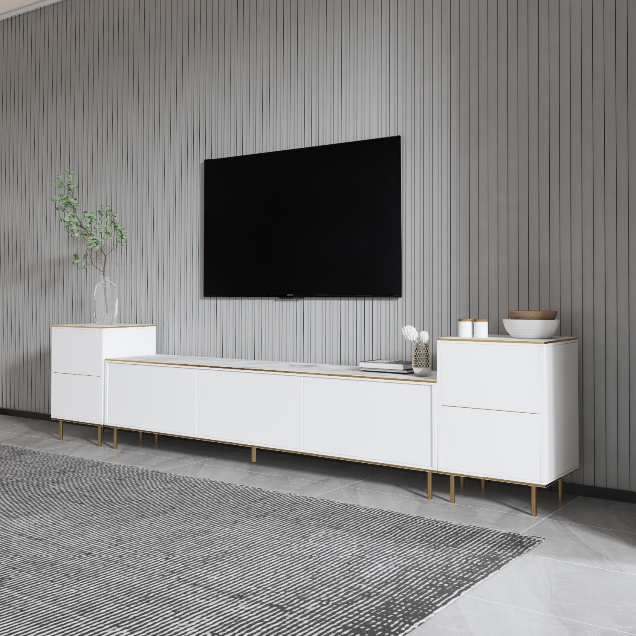 Unitate TV, Imaj Marble, UnicUtil, Marmură albă-Auriu, Lățime: 180 cm, Înălțime: 45,2 cm, Adâncime: 35 cm - view 2