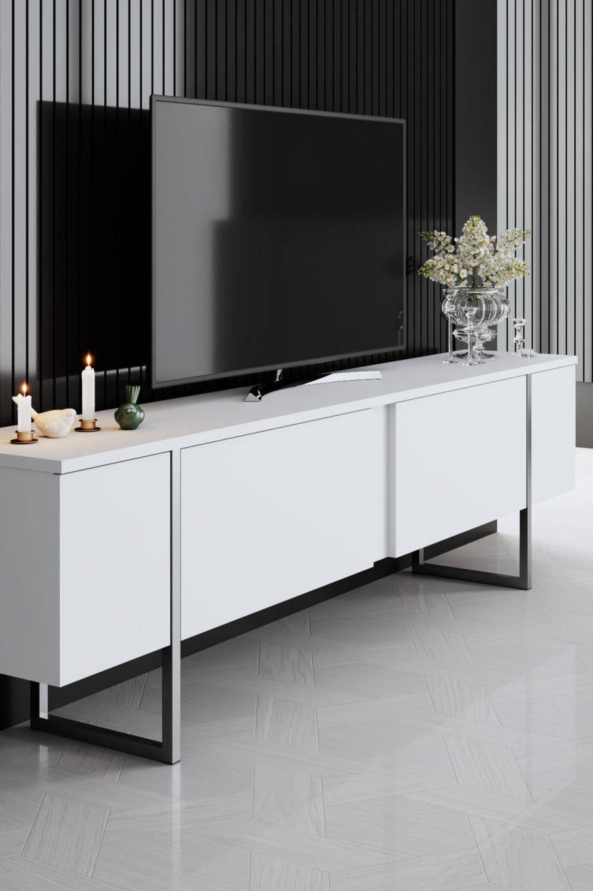 Unitate TV, Luxe White, UnicUtil, Alb-Argintiu, Lățime: 180 cm, Înălțime: 50 cm, Adâncime: 30 cm - imagine 3