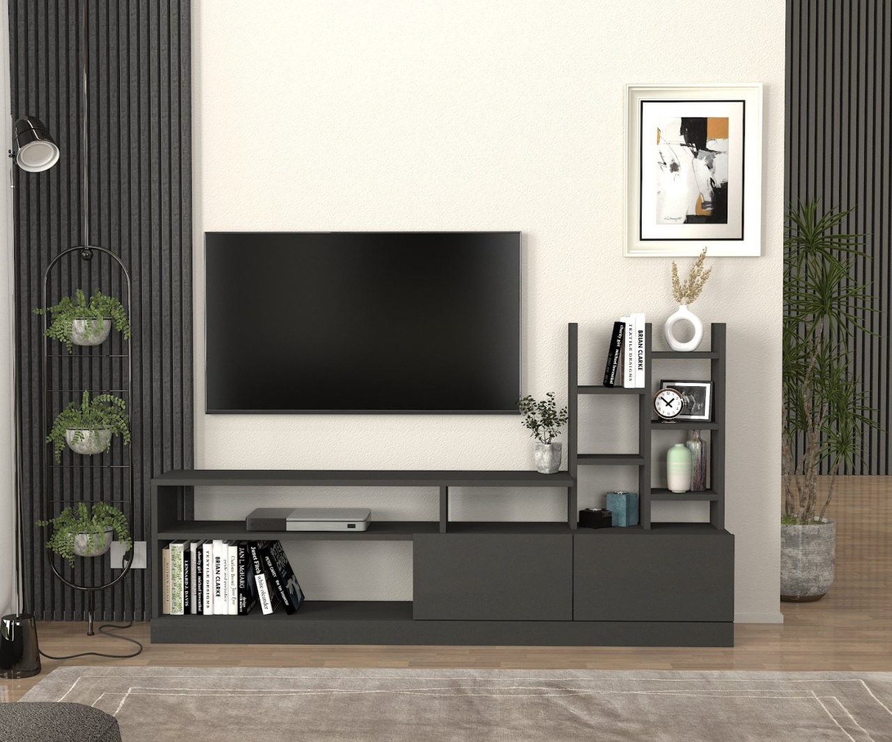 Biblioteca Living UnicUtil,164 x 25 x 91 cm, Gri Antracit, front PAL - 2 | YEO