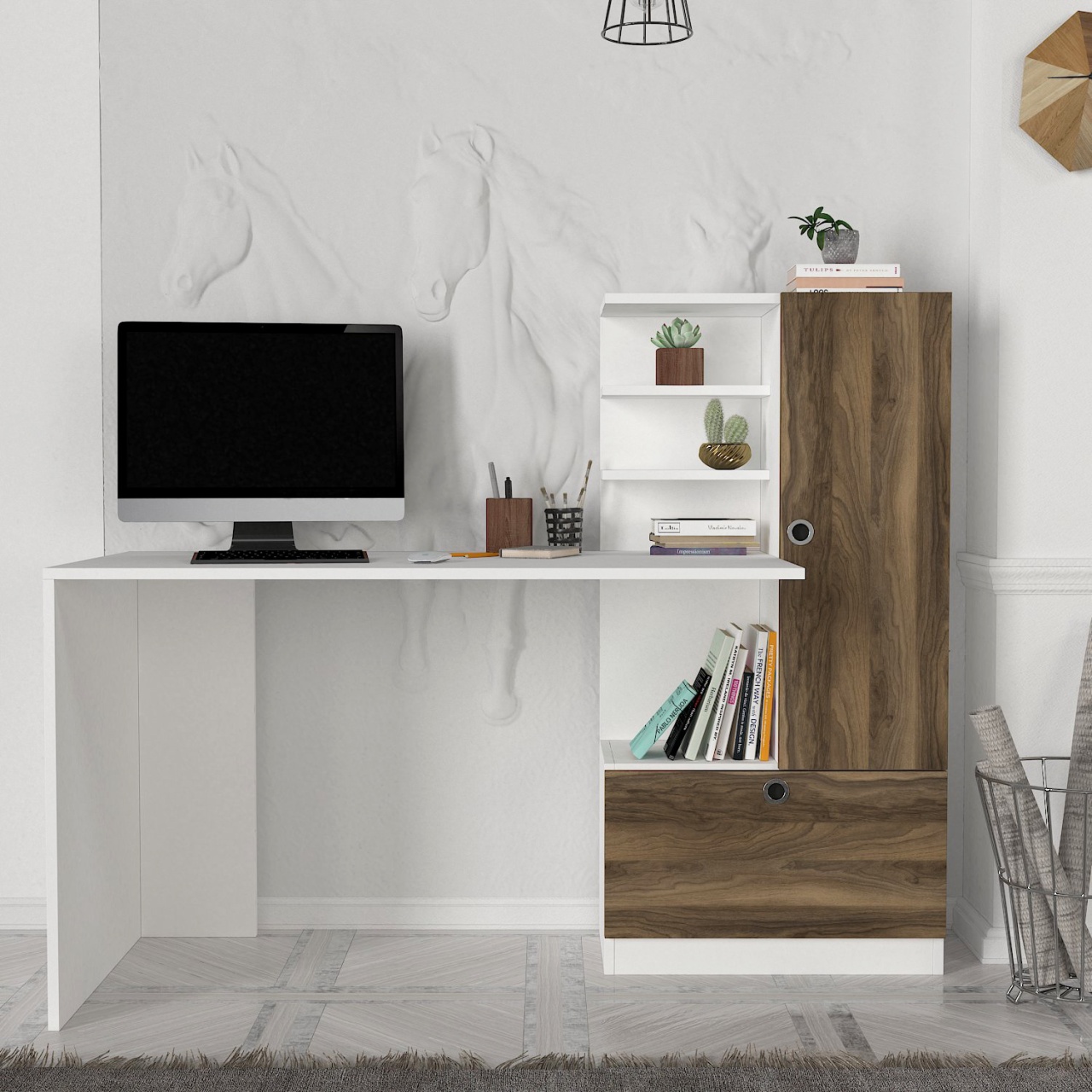 Birou, Smart BrownSpace, UnicUtil, 149.5 x 61.8 x 120 cm, Alb si Maro, UUDESK26