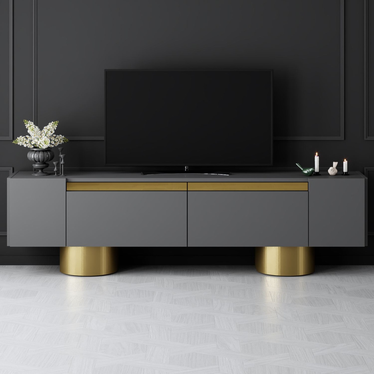 Comoda TV, Bohem Anthracite, UnicUtil, Antracit-Auriu, Lățime: 180 cm, Înălțime: 50 cm, Adâncime: 30 cm - imagine 2