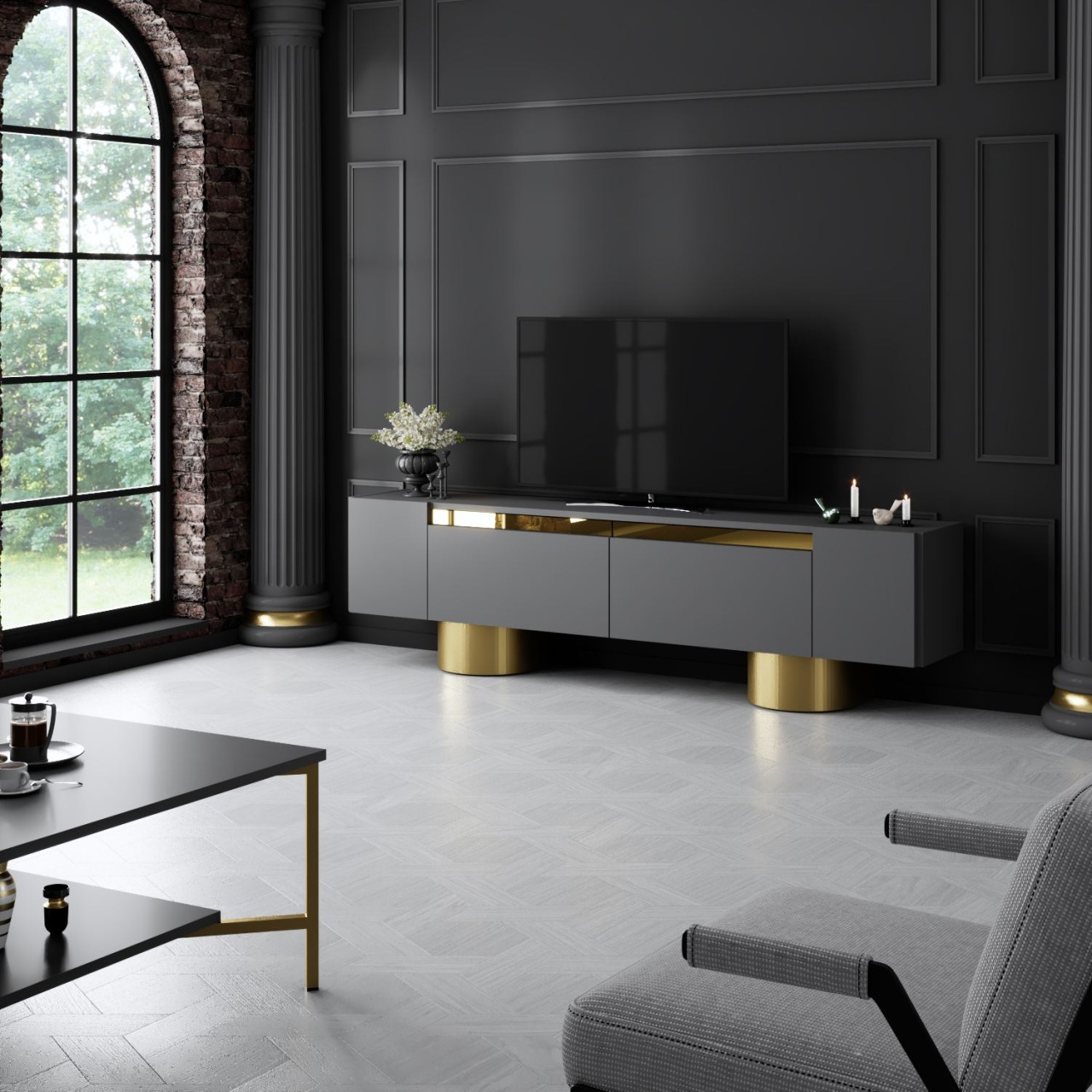 Comoda TV, Bohem Anthracite, UnicUtil, Antracit-Auriu, Lățime: 180 cm, Înălțime: 50 cm, Adâncime: 30 cm - imagine 5