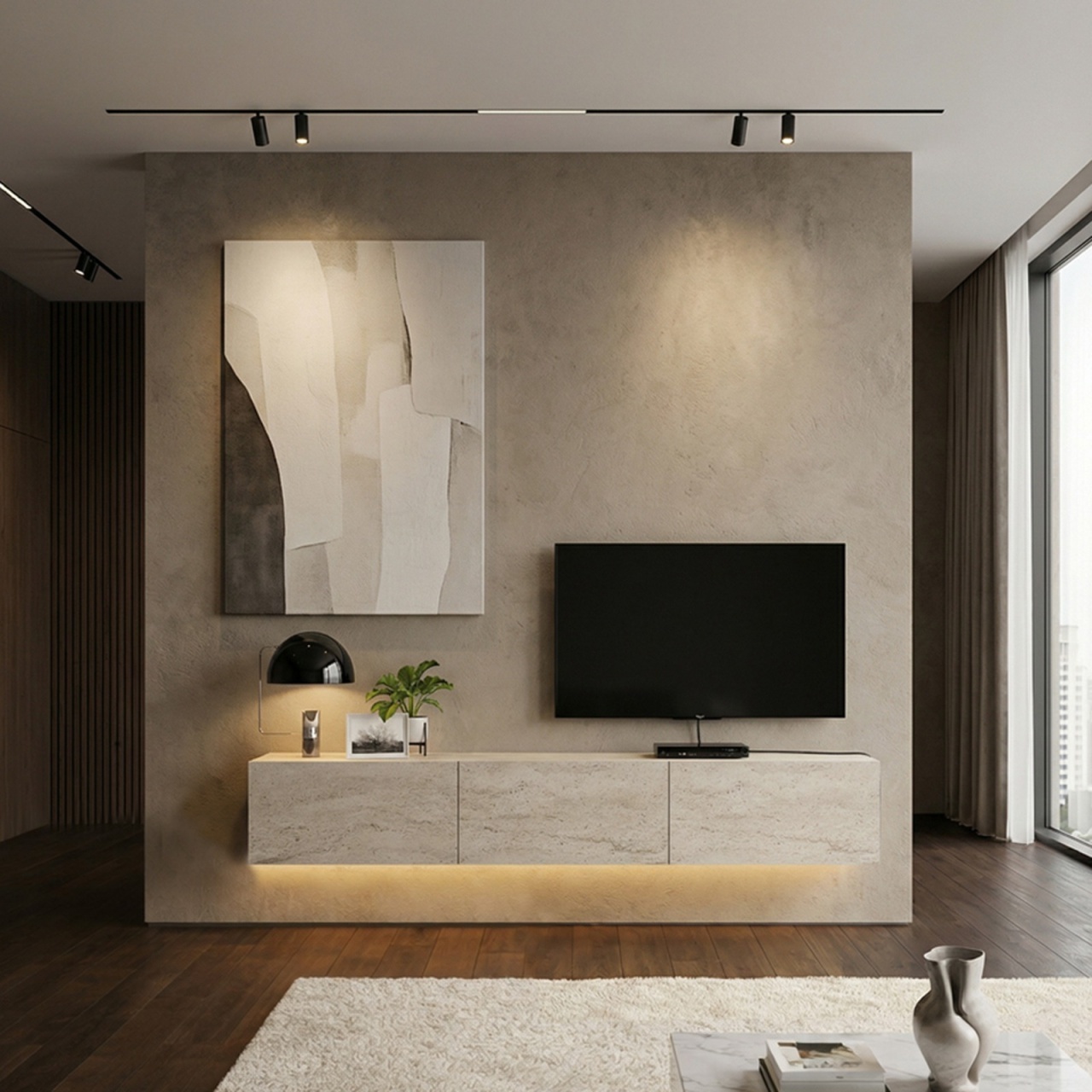 Comodă TV Damla, UNICUTIL, finisaj travertin și iluminare LED, pentru living modern