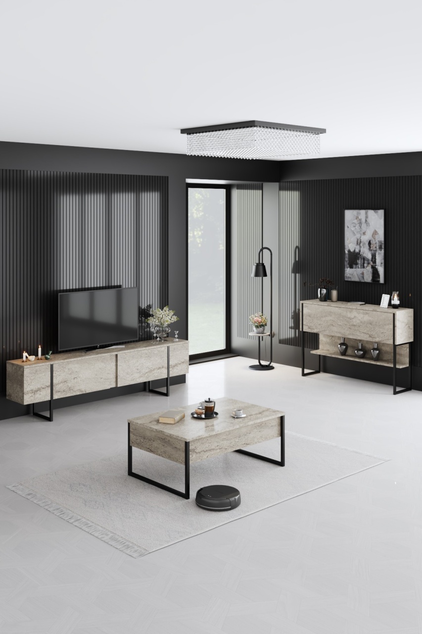 Comoda TV, Luxe Travertine, UnicUtil, Travertin-Negru, Lățime: 180 cm, Înălțime: 50 cm, Adâncime: 30 cm - view 2