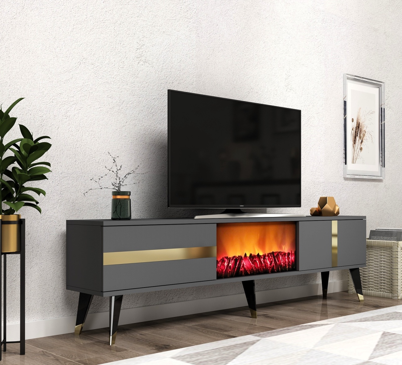 Comoda TV, Vania Fireplace, UnicUtil, Antracit-Auriu, Lățime: 150 cm, Înălțime: 50 cm, Adâncime: 29,6 cm - view 2