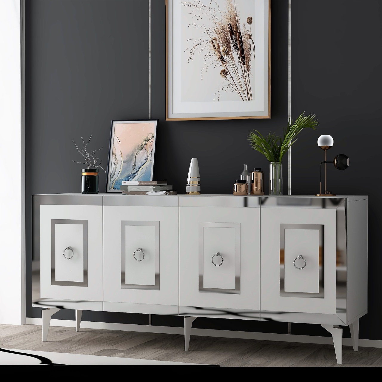 Consolă, Karya White, UnicUtil, Alb-Argintiu, Lățime: 150 cm, Înălțime: 40 cm, Adâncime: 79 cm, 475OLV2746 - view 5