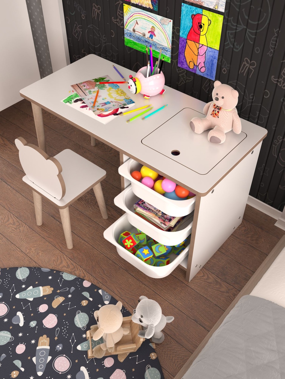Set de masă pentru copii, Soho White, UnicUtil, Alb, Lățime: 90 cm, Înălțime: 50 cm, Adâncime: 42 cm - view 4