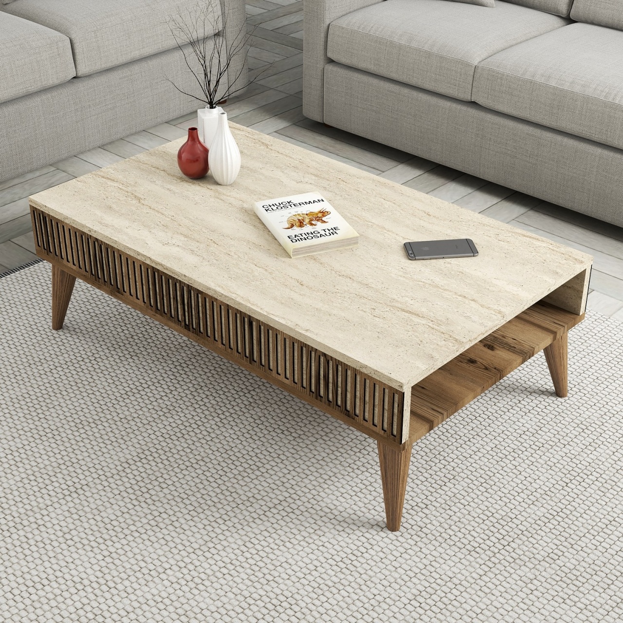 Set de mobilier pentru living, Milan Walnut, UnicUtil, Nuc-Travertin, Lățime: 180 cm, Înălțime: 40 cm, Adâncime: 35 cm - view 3