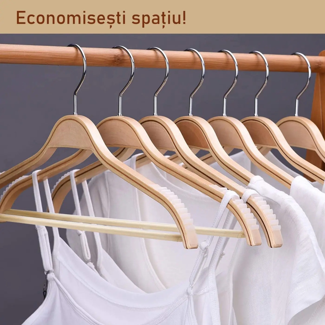 Umeraș din lemn cu margini de cauciuc anti-alunecare, pentru tricouri și bară pentru pantaloni, Natur, 1 bucata - imagine 6