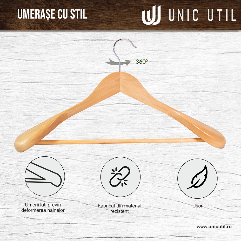 Umeraș din Lemn cu umeri lați și design modern, pentru Costum/Tricouri, Natur, 1 bucata - imagine 4