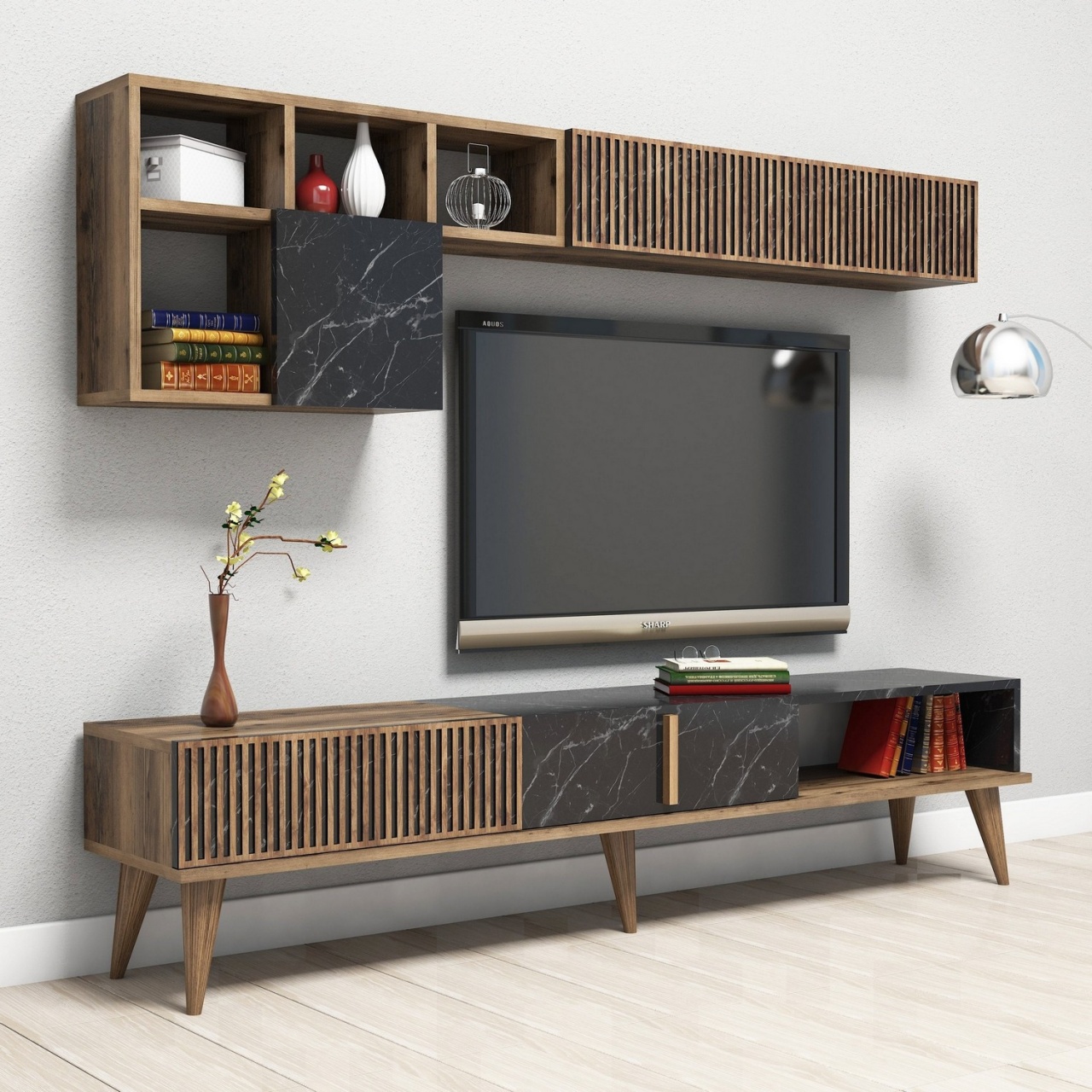 Unitate TV, Milan Walnut, UnicUtil, Nuc-Negru, Lățime: 180 cm, Înălțime: 40 cm, Adâncime: 35 cm - view 4