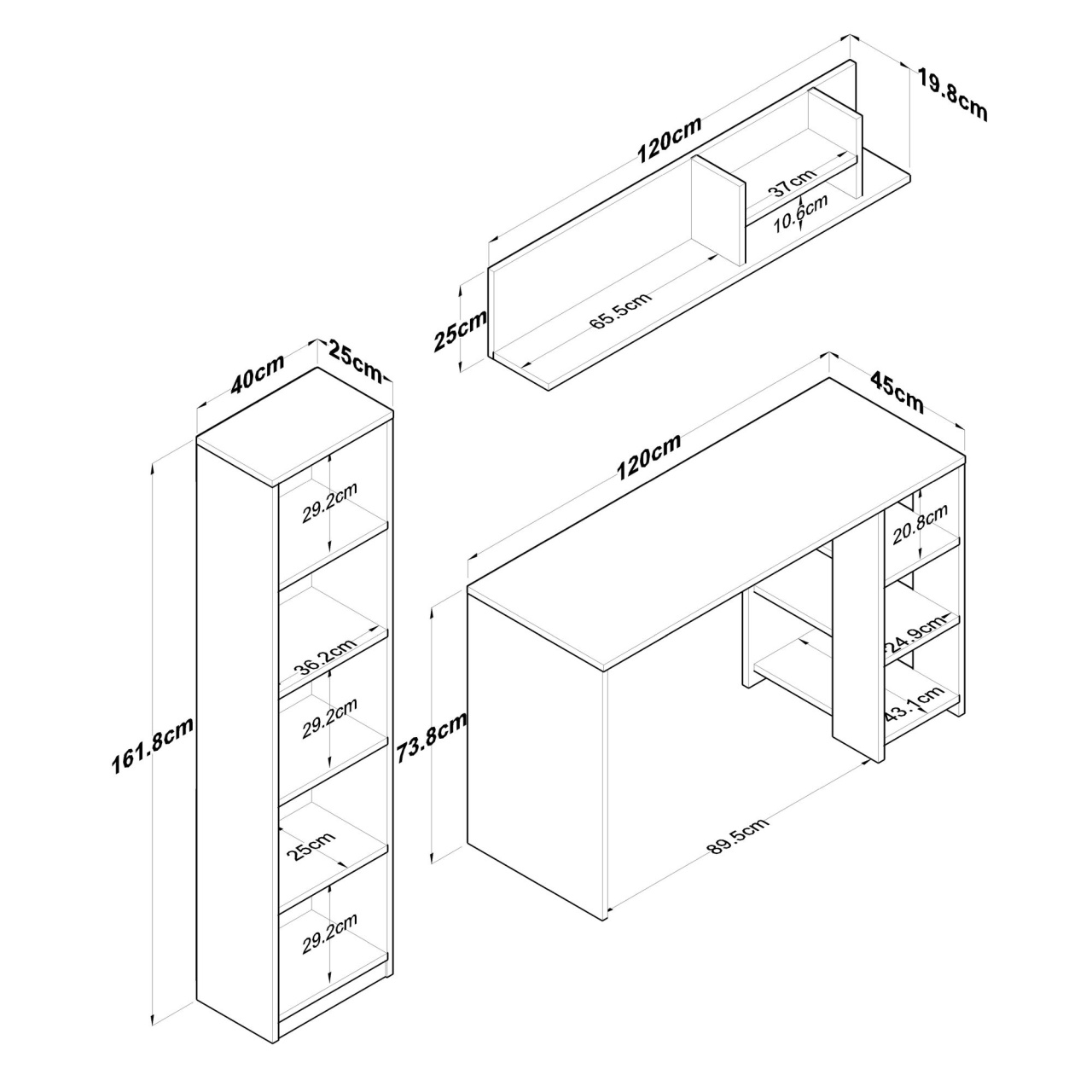 Birou de studiu și raft de cărți, Ha125 2699, UnicUtil, Nuc-Antracit, Birou: Lățime: 120 cm, Înălțime: 73,8 cm, Adâncime: 45 cm - view 6