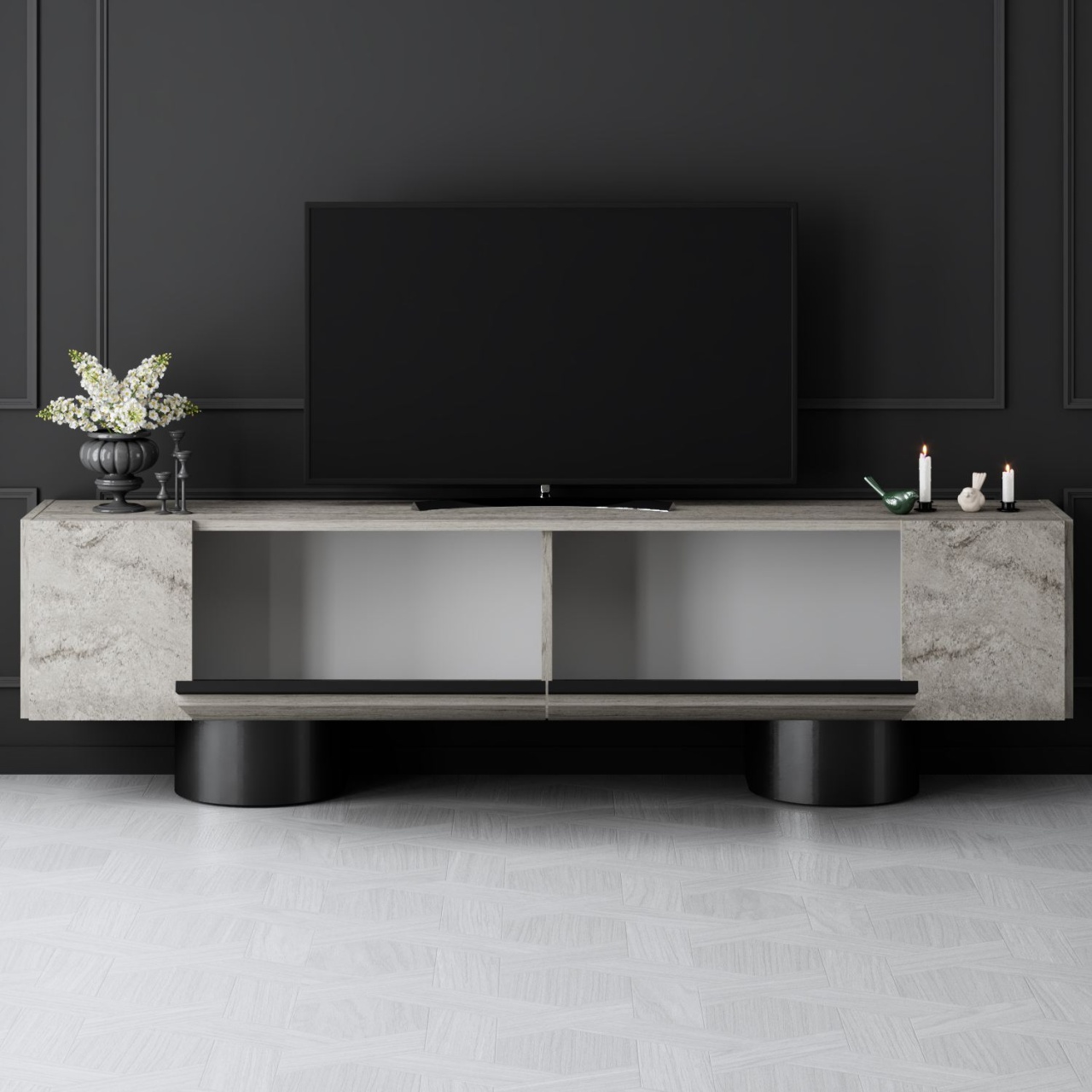 Comoda TV, Bohem Travertine, UnicUtil, Travertin-Negru, Lățime: 180 cm, Înălțime: 50 cm, Adâncime: 30 cm - view 3