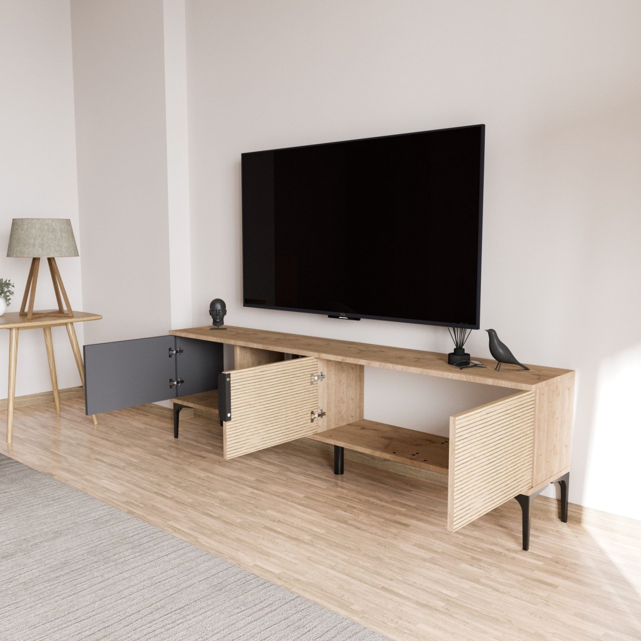 Comoda TV, Tarz Anthracite, UnicUtil, Antracit-Stejar, Lățime: 180 cm, Înălțime: 49 cm, Adâncime: 33 cm - view 7