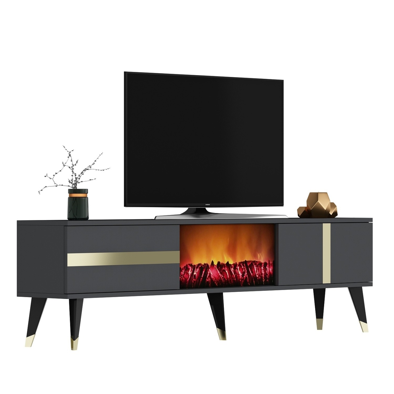 Comoda TV, Vania Fireplace, UnicUtil, Antracit-Auriu, Lățime: 150 cm, Înălțime: 50 cm, Adâncime: 29,6 cm - view 4