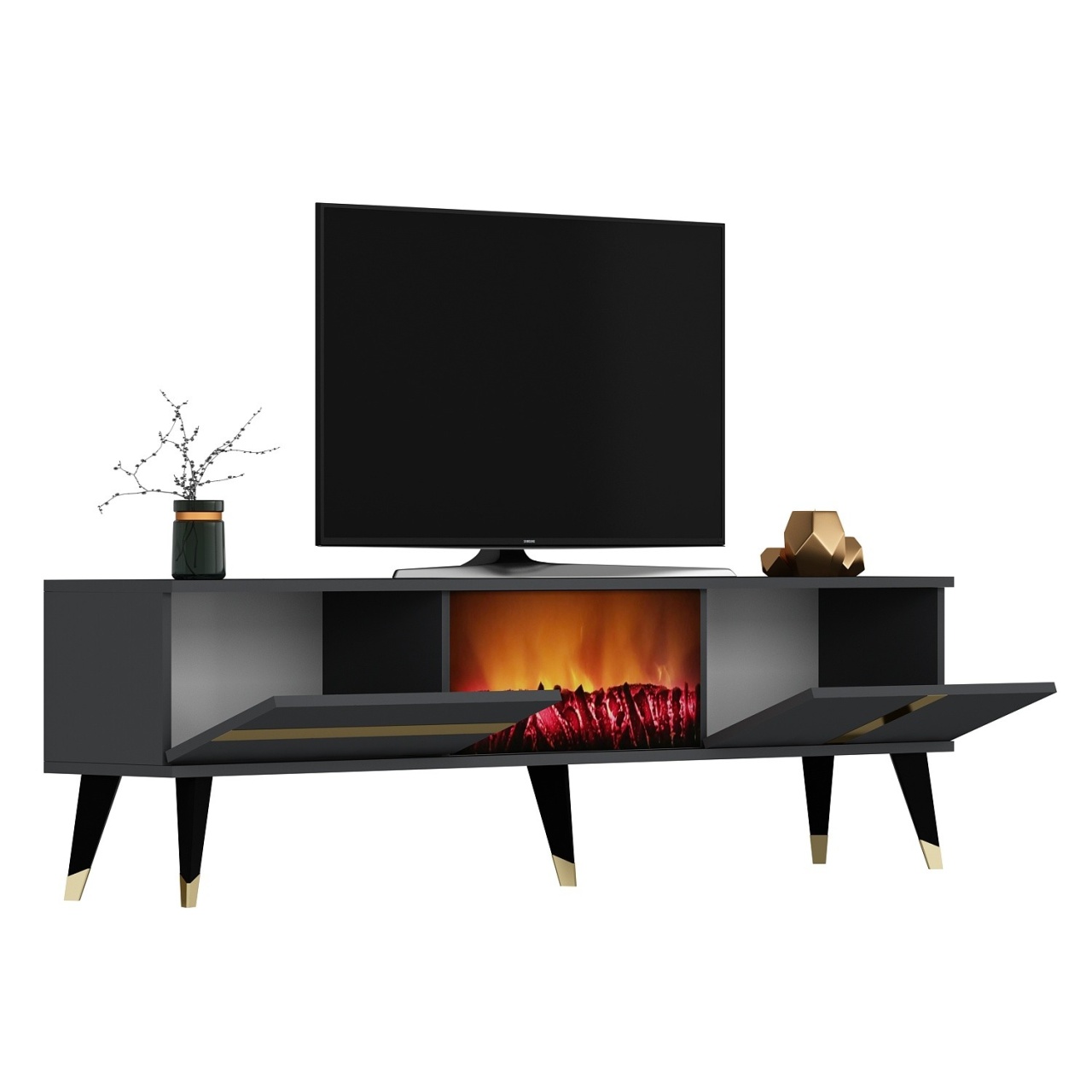 Comoda TV, Vania Fireplace, UnicUtil, Antracit-Auriu, Lățime: 150 cm, Înălțime: 50 cm, Adâncime: 29,6 cm - view 5