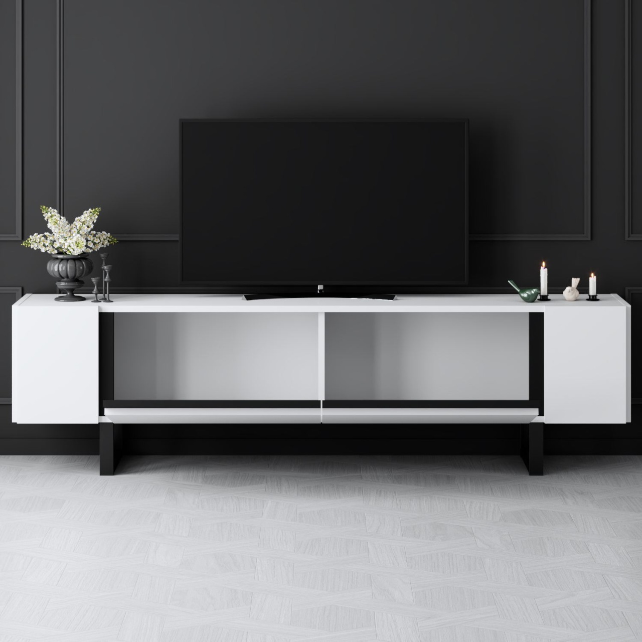 Comoda TV, Yildiz White, UnicUtil, Alb-Negru, Lățime: 180 cm, Înălțime: 50 cm, Adâncime: 30 cm - imagine 3