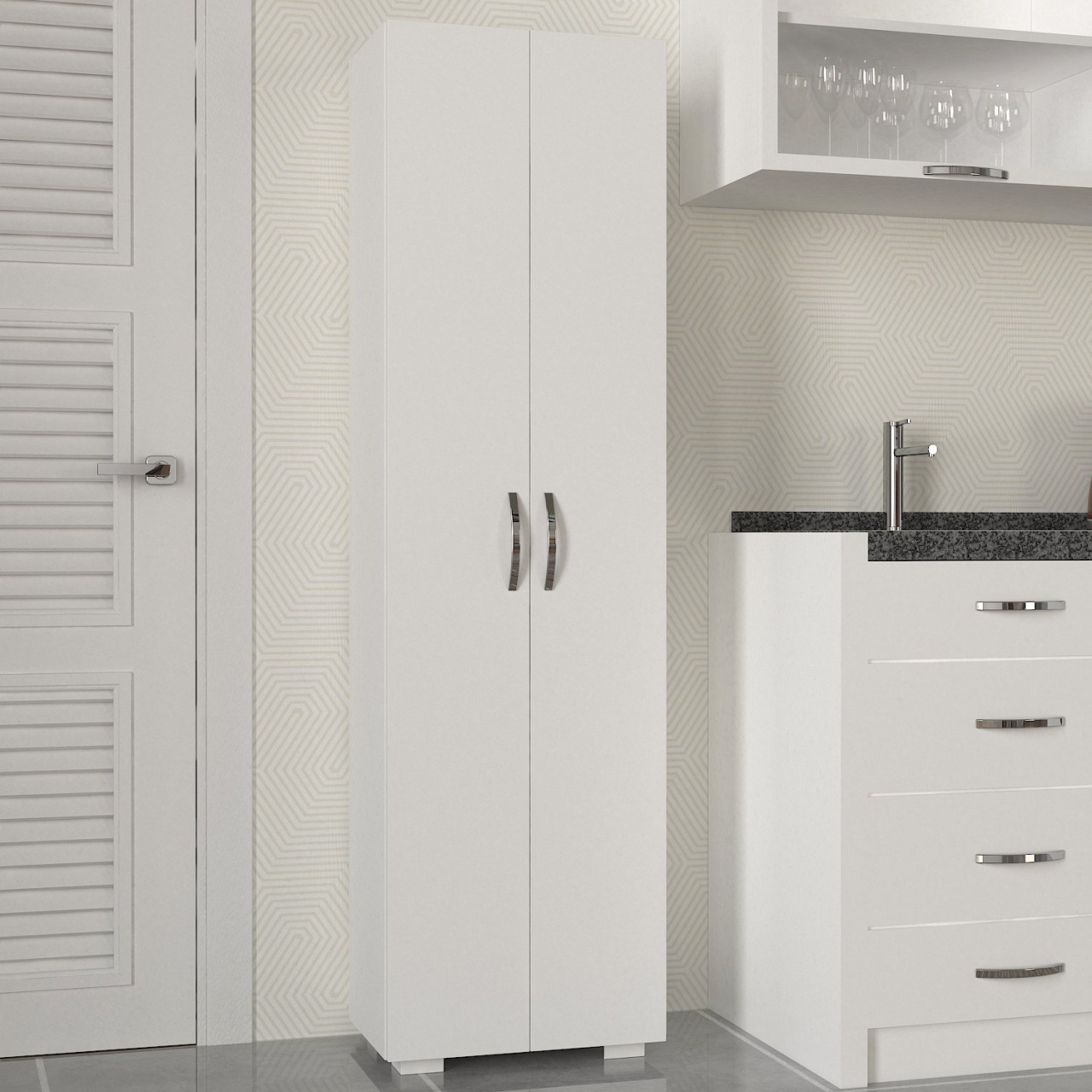 Dulap de bucătărie din pal melaminat Abel, alb – design modern și funcțional pentru organizare eficientă, 48.6 x 31.4 x 173 cm, UUORG56
