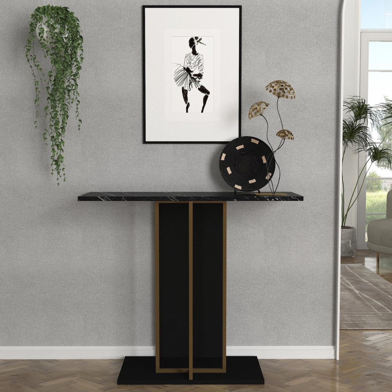 Masă decorativă Brandy din pal melaminat finisaj Black Marble – rafinament pentru decor contemporan, 90 x 29.6 x 76.8 cm, UUORG66