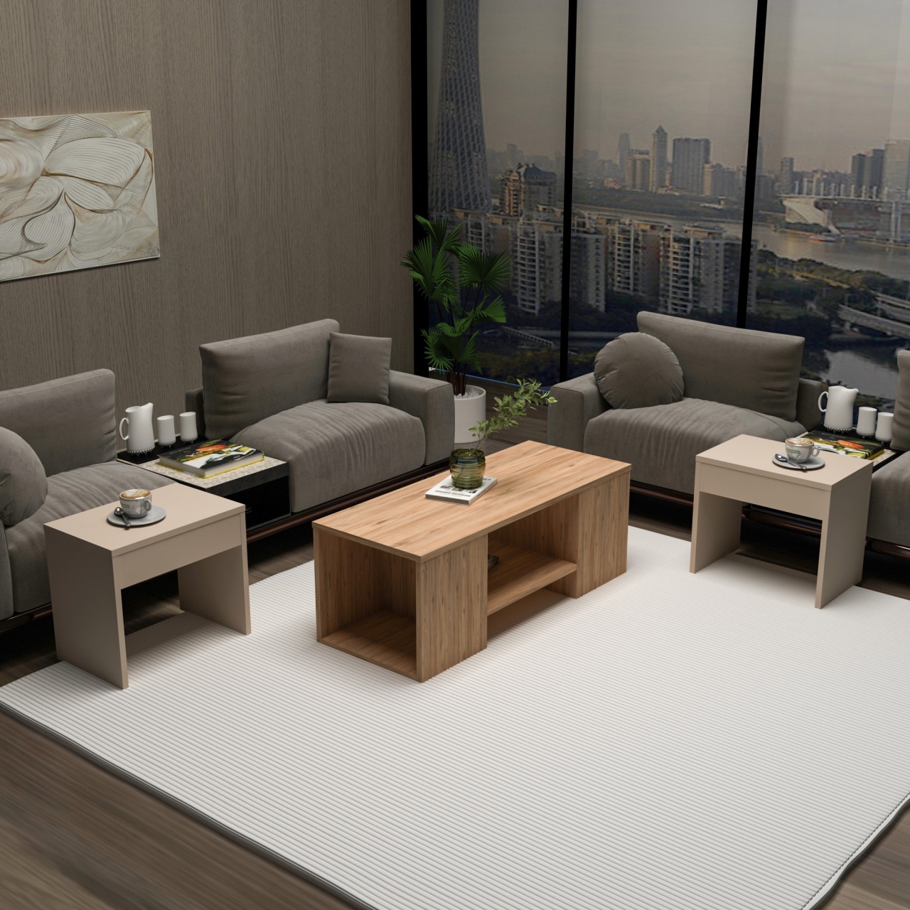 Set de măsuțe de cafea, Sartos Atlantic, UnicUtil, Pin Atlantic-Bej, Lățime: 100 cm, Înălțime: 37 cm, Adâncime: 40 cm - view 4