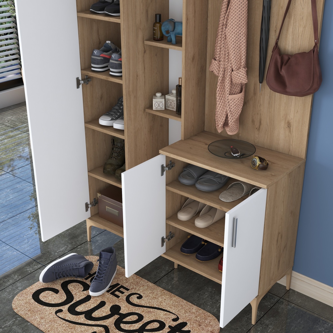 Stand de hol, Ea109 2695, UnicUtil, Nuc-Alb,Lățime: 120 cm, Înălțime: 198,6 cm, Adâncime: 37,5 cm - view 5