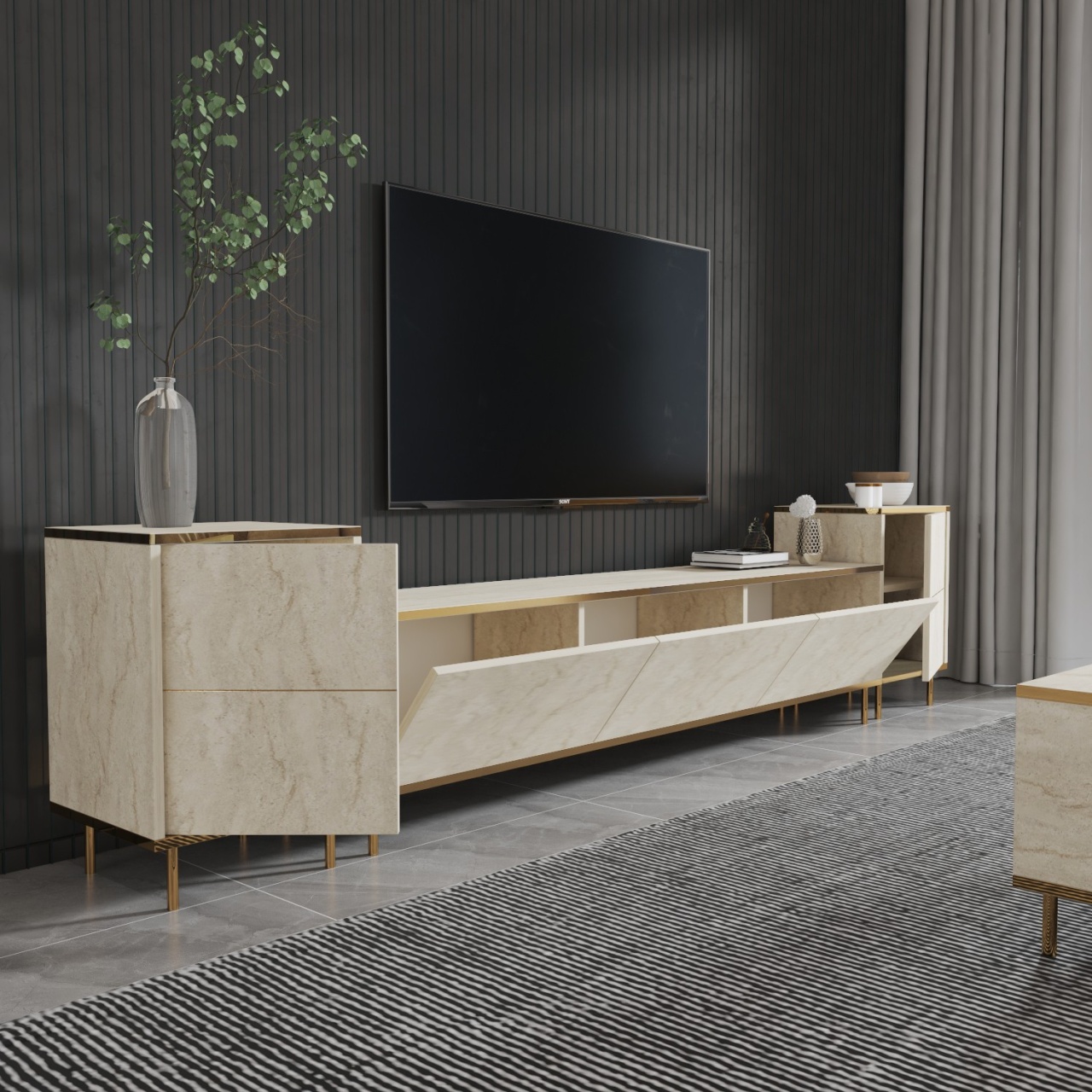 Unitate TV, Imaj Travertine, UnicUtil, Travertin-Auriu, Lățime: 180 cm, Înălțime: 45,2 cm, Adâncime: 35 cm - view 3