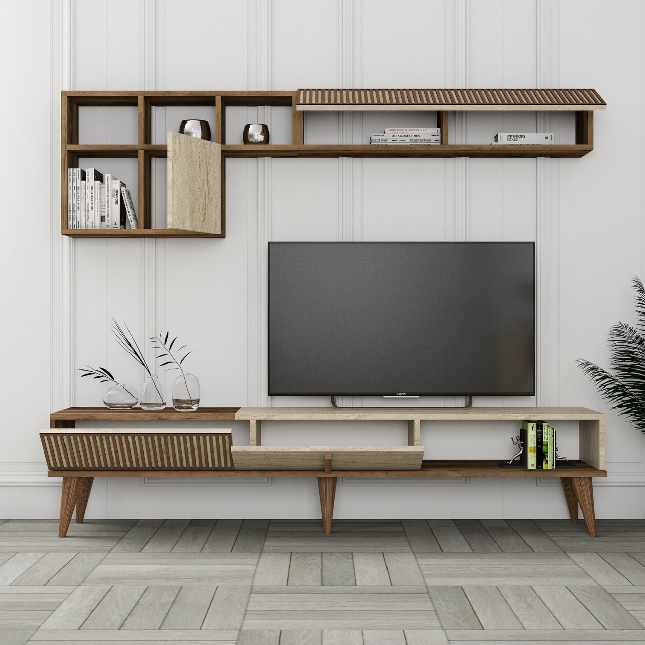 Unitate TV, Milan Walnut, UnicUtil, Nuc-Travertin, Lățime: 180 cm, Înălțime: 40 cm, Adâncime: 35 cm - view 2
