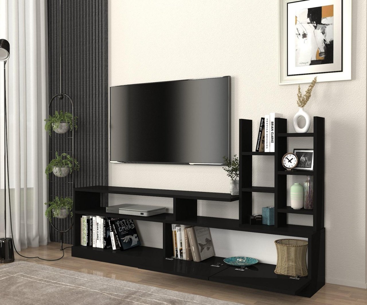 Biblioteca Living UnicUtil,164 x 25 x 91 cm, Negru, front PAL - 1 | YEO