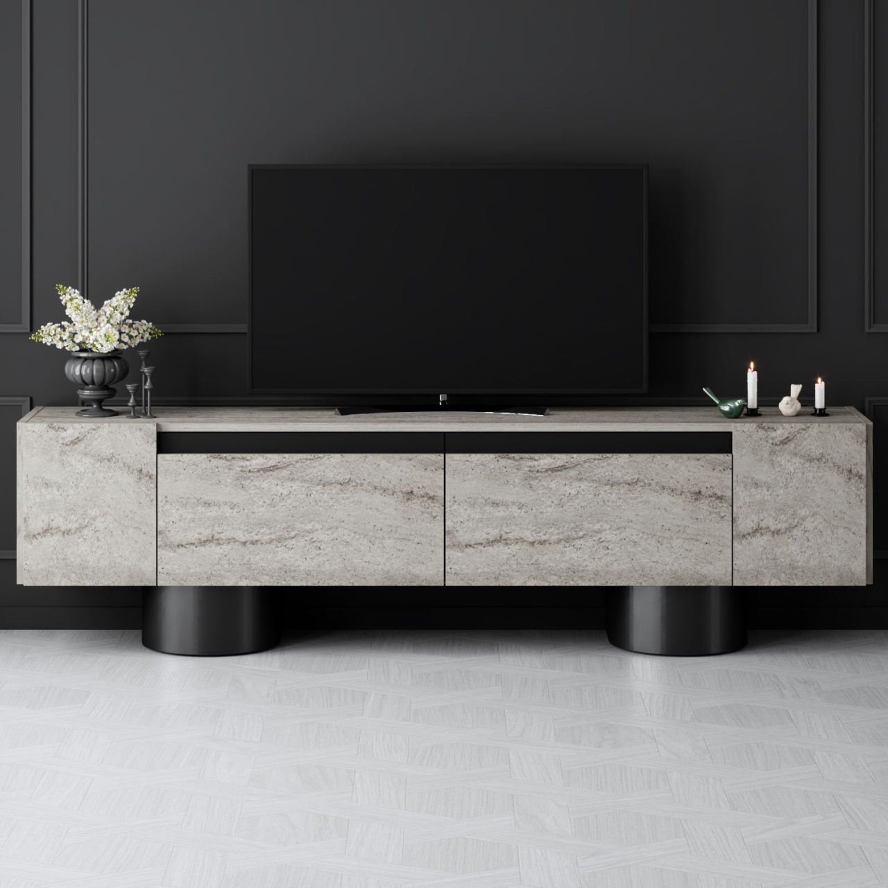 Comoda TV, Bohem Travertine, UnicUtil, Travertin-Negru, Lățime: 180 cm, Înălțime: 50 cm, Adâncime: 30 cm - view 2